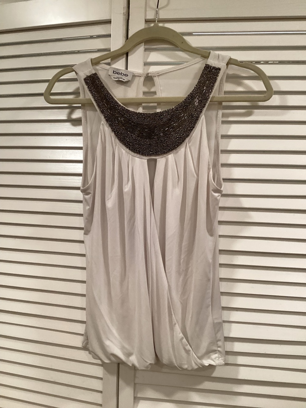 bebe White Sleeveless Top with Beaded Accent Collar Y2K